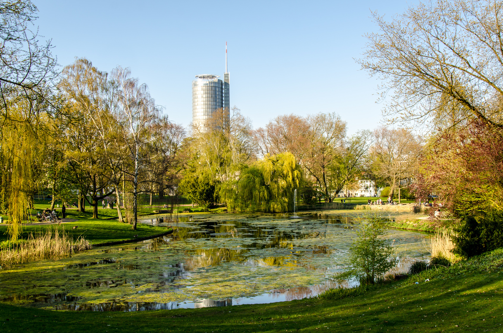 Ein Teich im Stadtpark Essen, umgeben von zahlreichen Bäumen, im Hintergrund ein Hochhaus; Kurtz Detektei Essen, Detektiv Essen, Privatdetektiv Essen, Privatermittlungen Essen