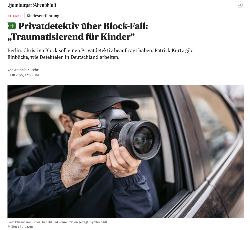 Screenshot des Artikels im Hamburger Abendblatt; Essen Detektei, Essen Detektiv, Essen Privatdetektiv, Essen Privatdetektei