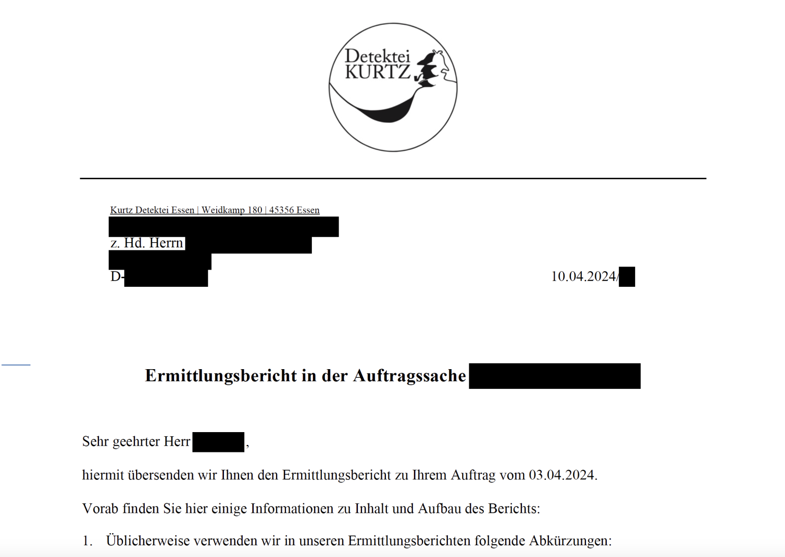 Ermittlungsbericht eines Detektivs; Detektei aus Essen, Detektiv aus Essen, Privatdetektiv aus Essen, Wirtschaftsdetektei aus Essen