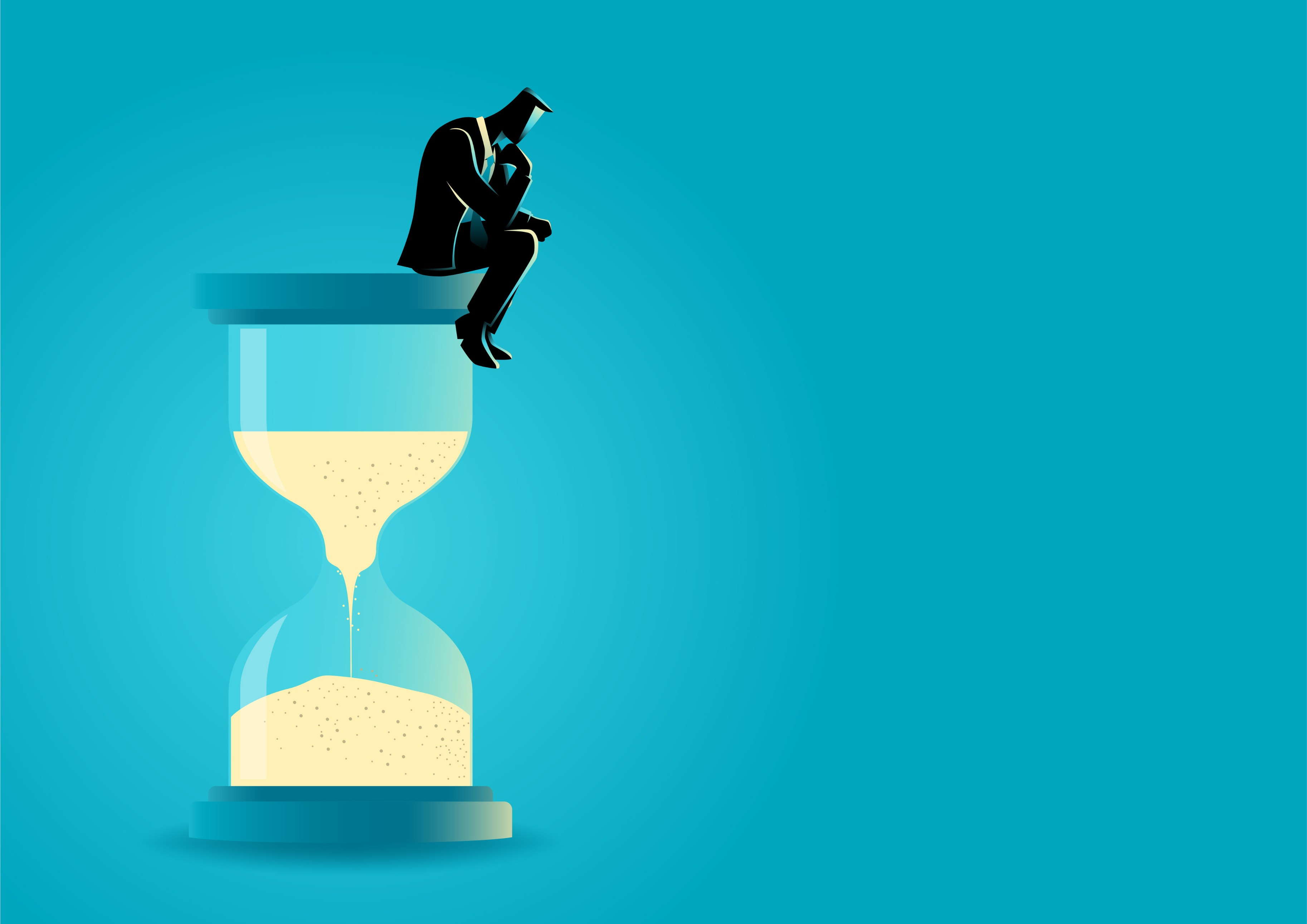 Illustration eines Mannes im Anzug, der auf einer Sanduhr sitzt; Essen Wirtschaftsdetektei, Essen Wirtschaftsdetektiv, Essen Detektivteam, Essen Detektivkosten