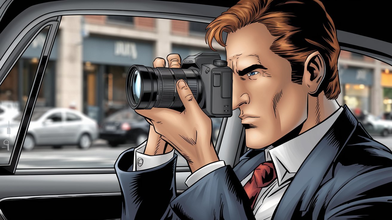 comic style private investigator with camera; detective agency West Germany, private investigator Western Germany, detective agency North Rhine-Westphalia Germany