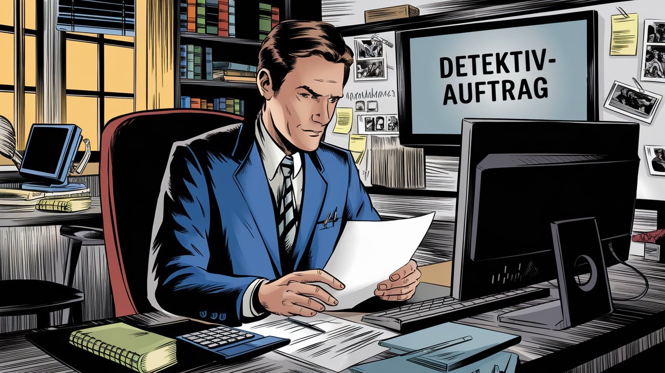 Comic-Stil-Detektiv an Schreibtisch vor Screen mit Aufschrift "Detektiv-Auftrag"; Detektei in Essen, Detektiv in Essen, Privatdetektiv in Essen, Detektivagentur in Essen